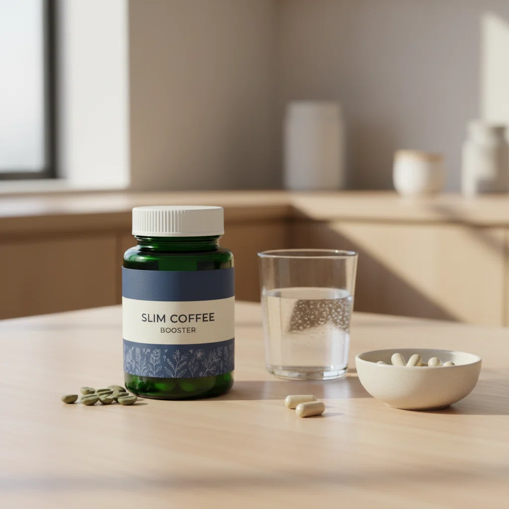 Slim Coffee Booster box with measuring spoon and coffee beans on marble surface